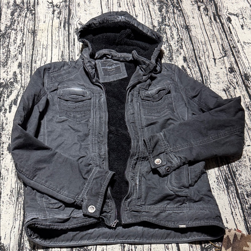 Women’s Buckle Black Hooded Fleece-Lined Jacket distressed